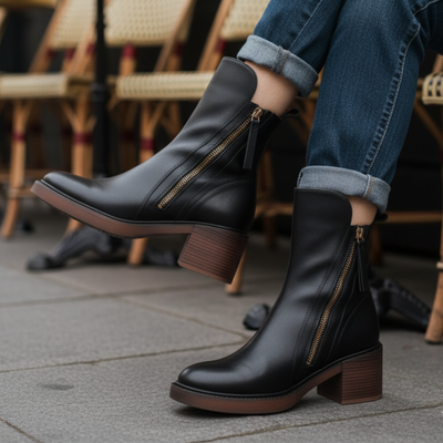 Belle Étoile Nice™ | Garciel – Black leather ankle boots with comfortable heels, elegant and timeless