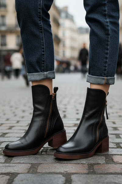 Belle Étoile Nice™ | Garciel – Black leather ankle boots with comfortable heels, elegant and timeless