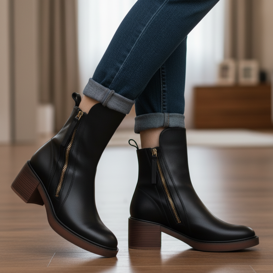 Belle Étoile Nice™ | Garciel – Black leather ankle boots with comfortable heels, elegant and timeless
