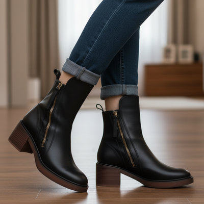 Belle Étoile Nice™ | Garciel – Black leather ankle boots with comfortable heels, elegant and timeless
