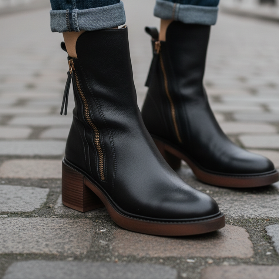 Belle Étoile Nice™ | Garciel – Black leather ankle boots with comfortable heels, elegant and timeless