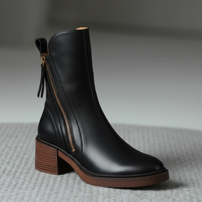 Belle Étoile Nice™ | Garciel – Black leather ankle boots with comfortable heels, elegant and timeless
